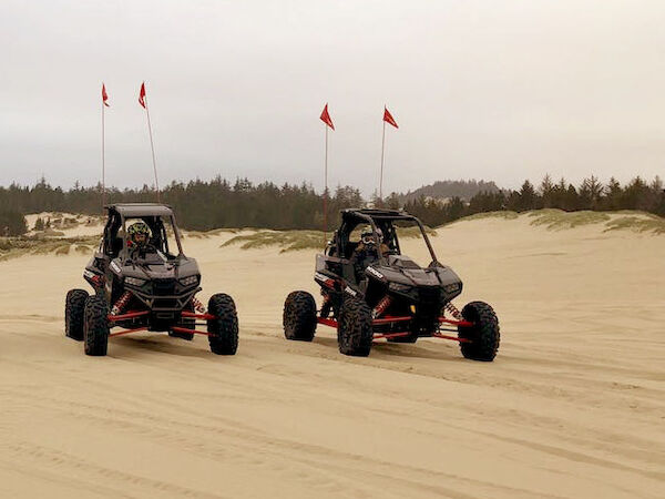 Two off-road vehicles with flags are driving on sandy terrain, with a line of trees in the background under a cloudy sky.