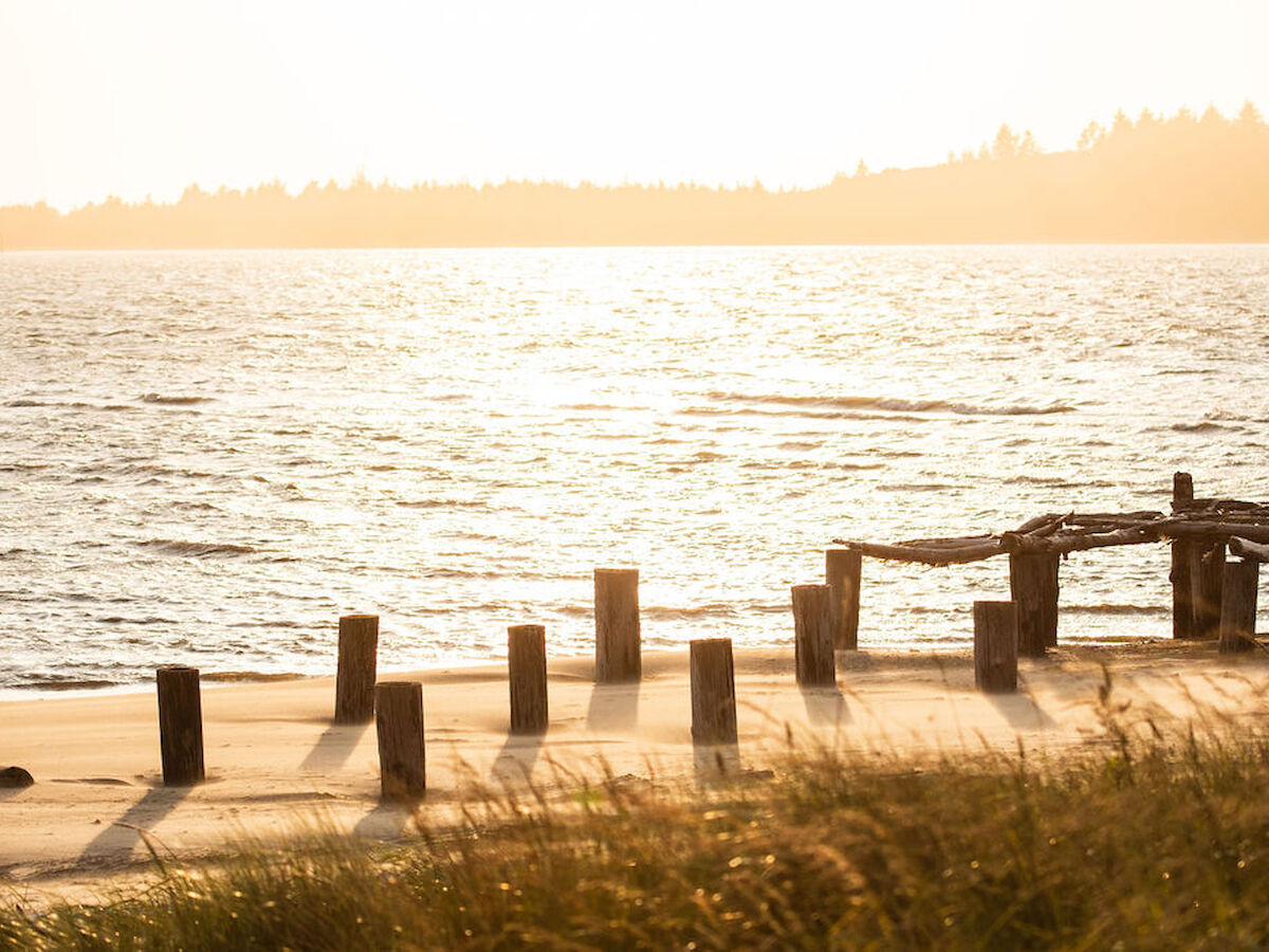 A serene coastal scene with wooden posts, calm water, and a sunset glow reflecting off the surface.
