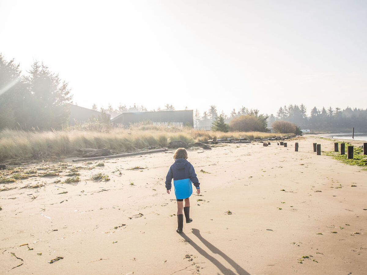 A child in blue shorts and a backpack walks along a sandy, sunlit beach with sparse vegetation and distant trees, casting a long shadow.