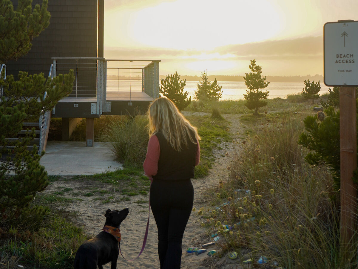 A woman walks with a dog along a path near the beach, with a house and trees in the scene, during a sunset.