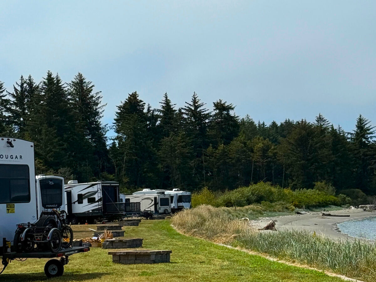 A row of RVs is parked by a grassy area near a shoreline, with a line of trees in the background under a clear sky.