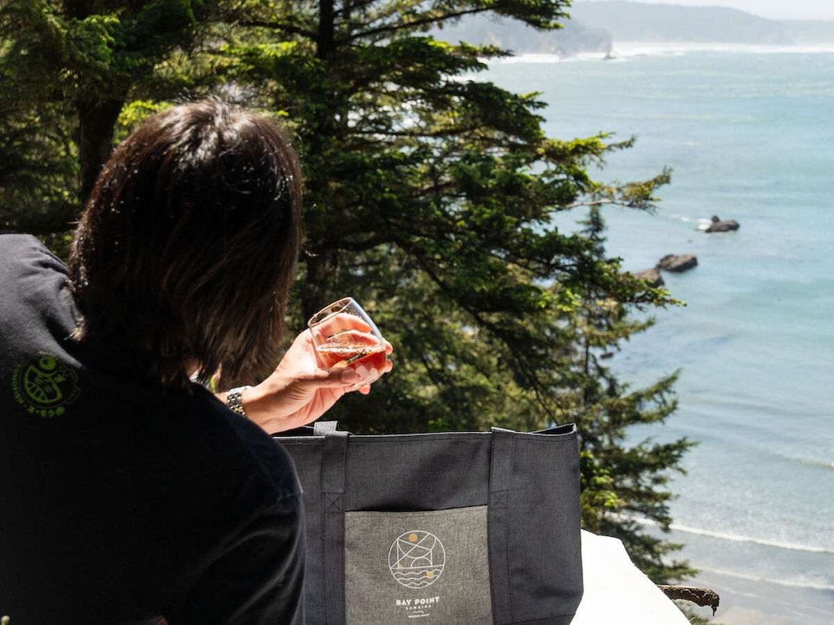 A person sits on a blanket near trees and the ocean, holding a drink. There's a tote bag with a logo nearby, completing the scene.