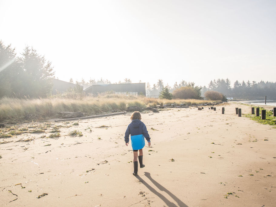 A child in a blue shirt and dark shorts walks toward the water on a sunny, sandy beach with long shadows and a calm shoreline.